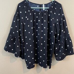 MTS Womens navy polka dot 3/4 length bell sleeves flowy lightweight blouse, sz S